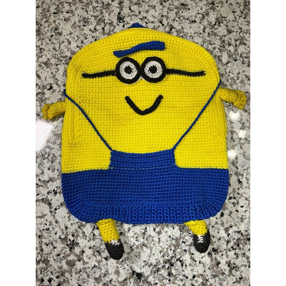 Handmade Crochet Minion Backpack Purse Yellow Blue Character Bag Kids Novelty